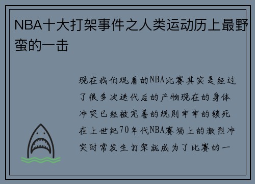 NBA十大打架事件之人类运动历上最野蛮的一击