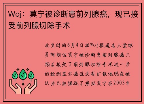 Woj：莫宁被诊断患前列腺癌，现已接受前列腺切除手术