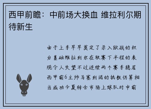 西甲前瞻：中前场大换血 维拉利尔期待新生